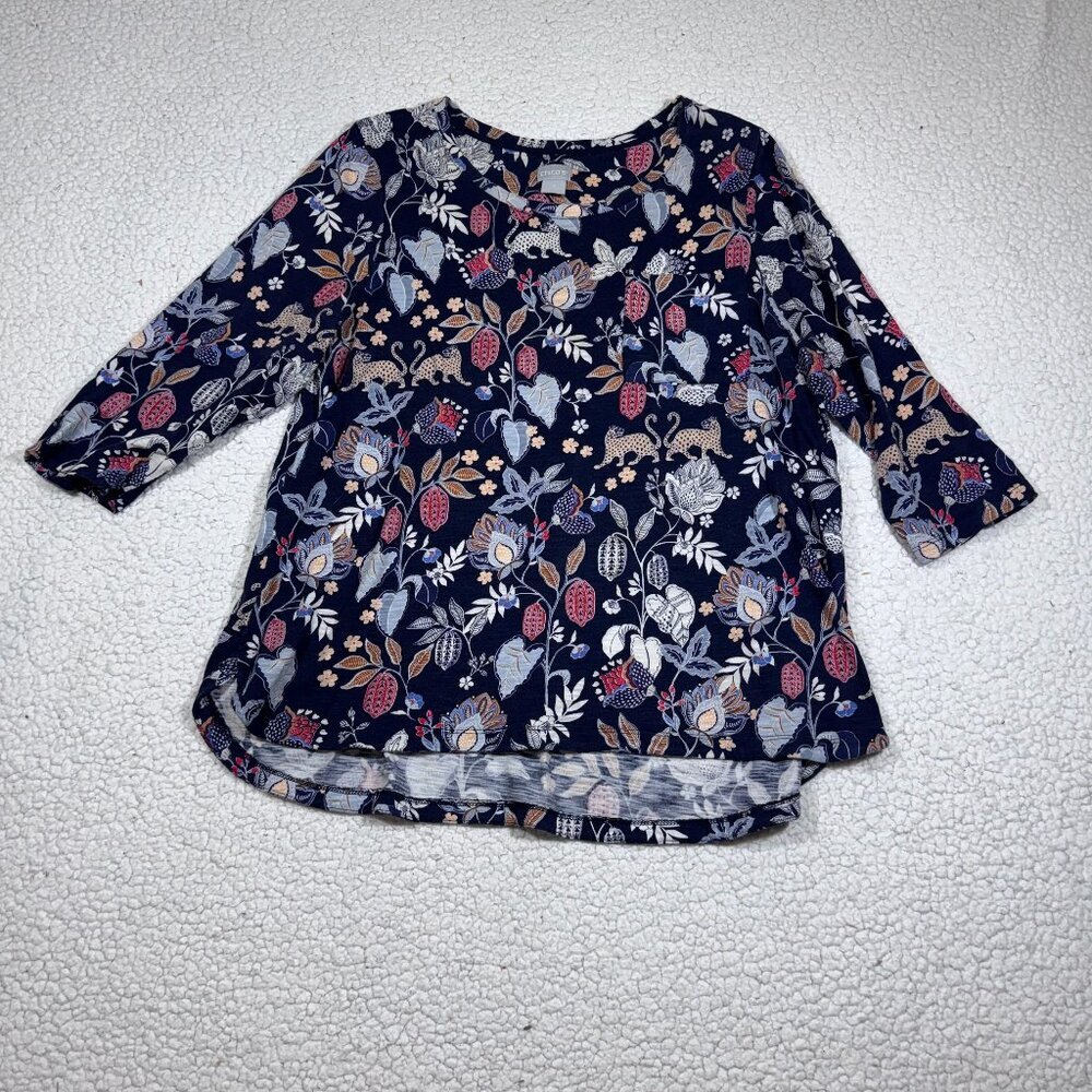 Chico's Womens Blue Floral Leopard Jersey Tunic Top Size 2 US L Cotton Modal